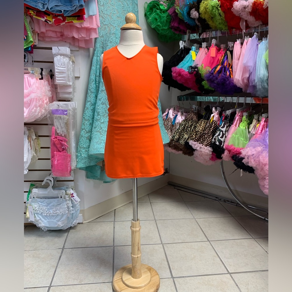 Childs XS (fits 4/5) Orange Blank (No Logo) Cheerleading Uniform Skirt Set NWT